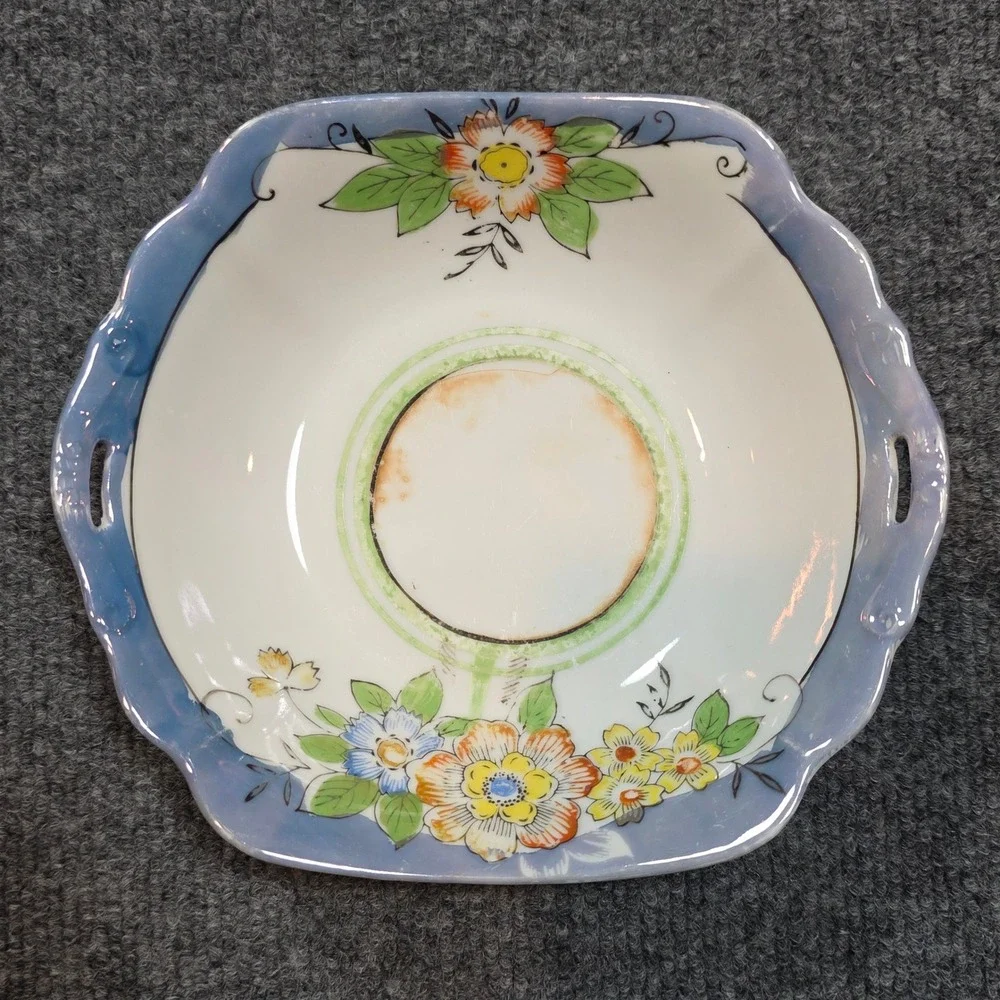 Vintage Made in Japan Floral Lusterware Porcelain Scalloped Square Handled Dish